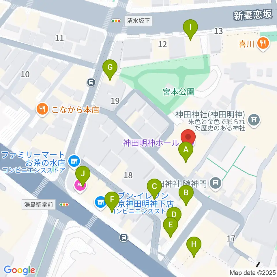神田明神ホール周辺のファミレス・ファーストフード一覧地図