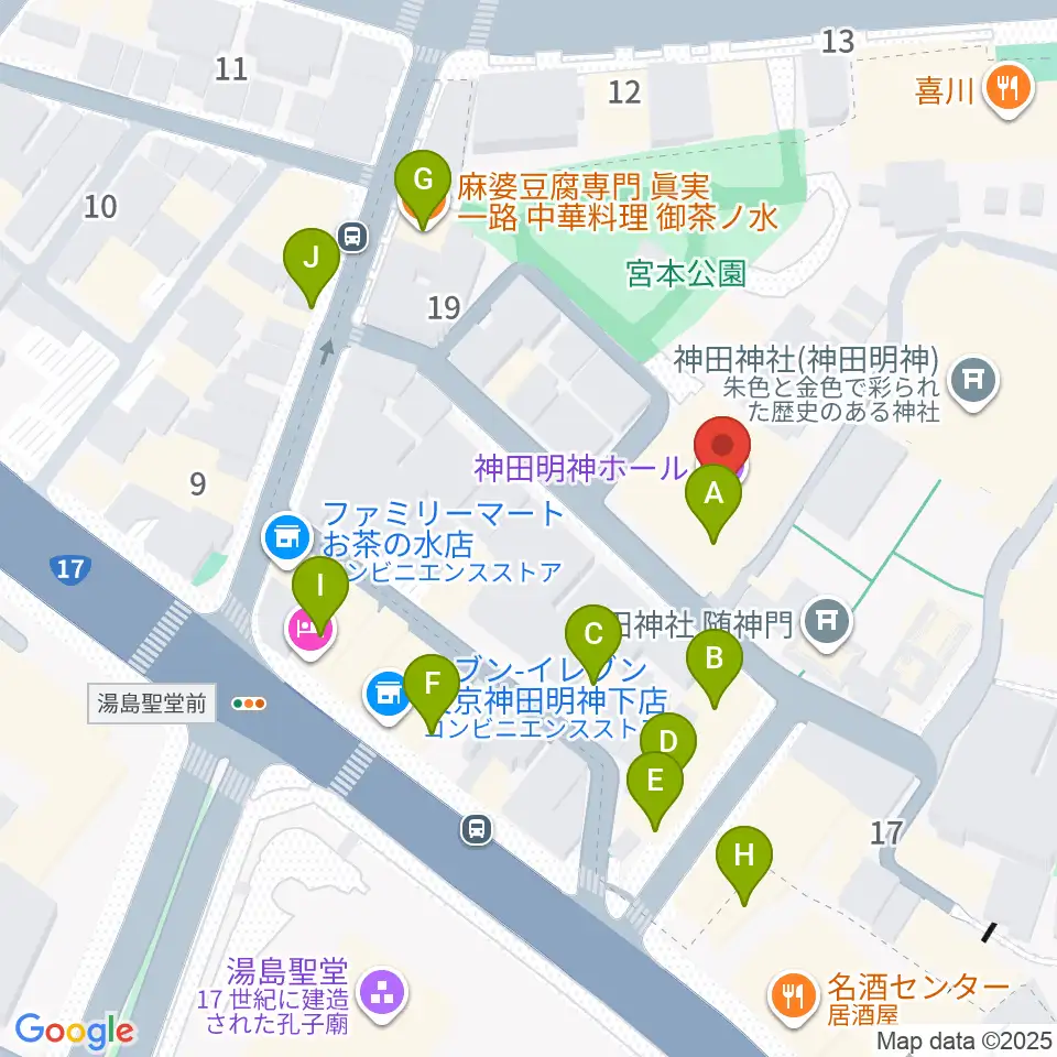 神田明神ホール周辺のファミレス・ファーストフード一覧地図
