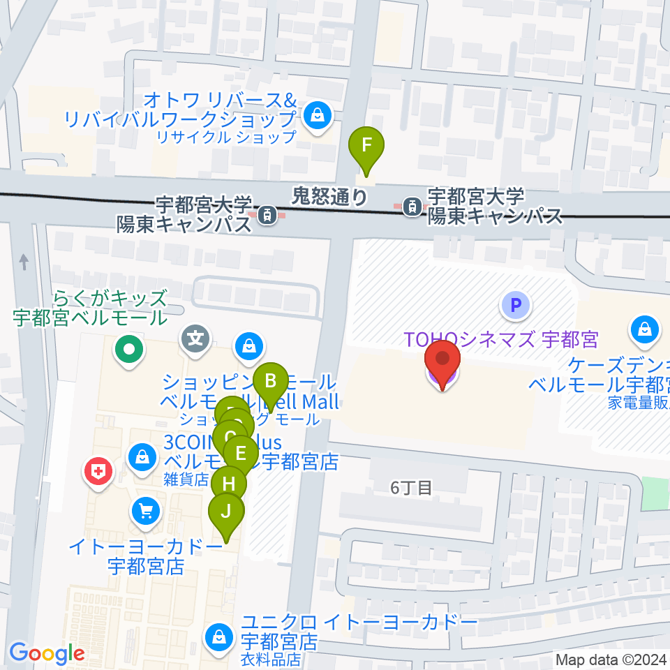 TOHOシネマズ宇都宮周辺のファミレス・ファーストフード一覧地図