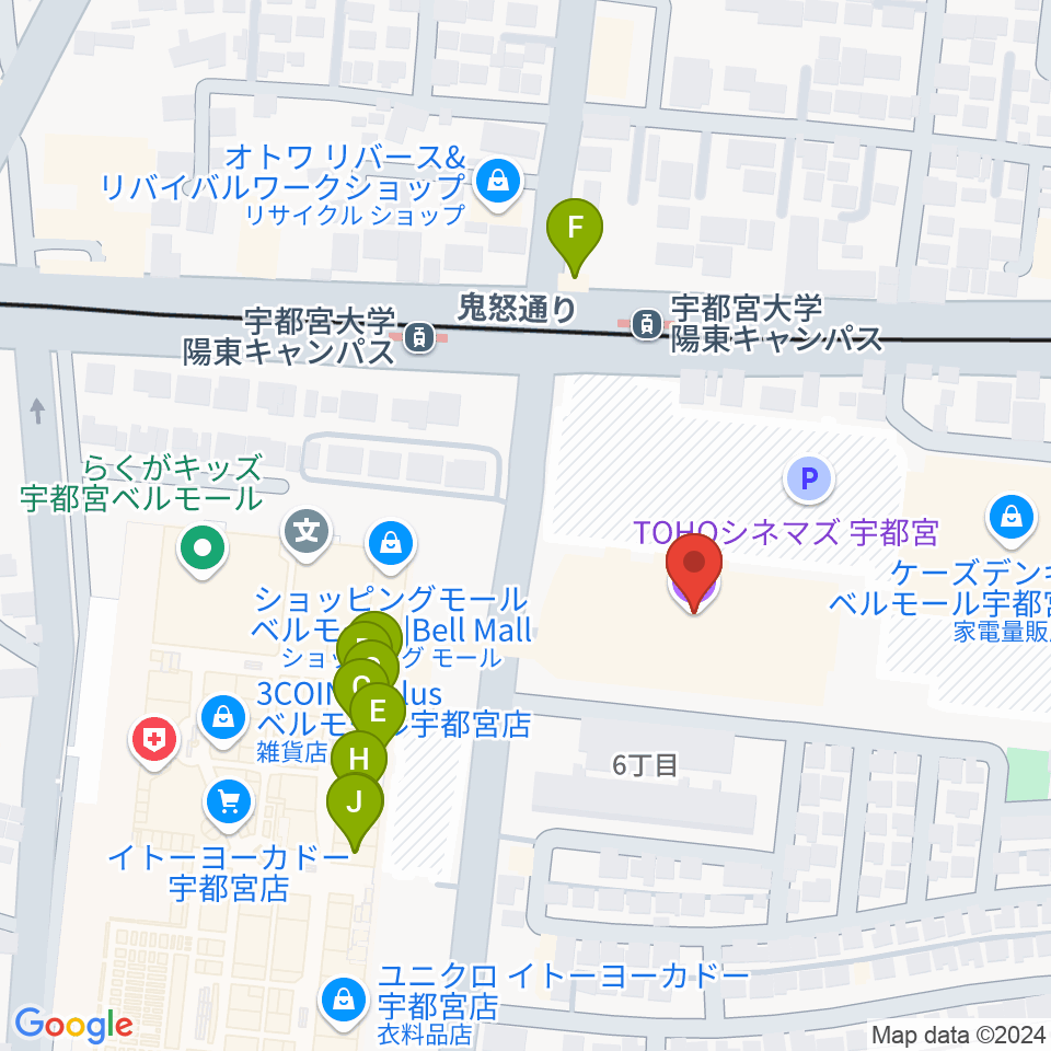 TOHOシネマズ宇都宮周辺のファミレス・ファーストフード一覧地図