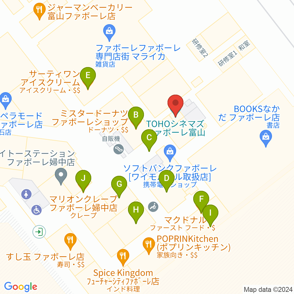 TOHOシネマズ ファボーレ富山周辺のファミレス・ファーストフード一覧地図