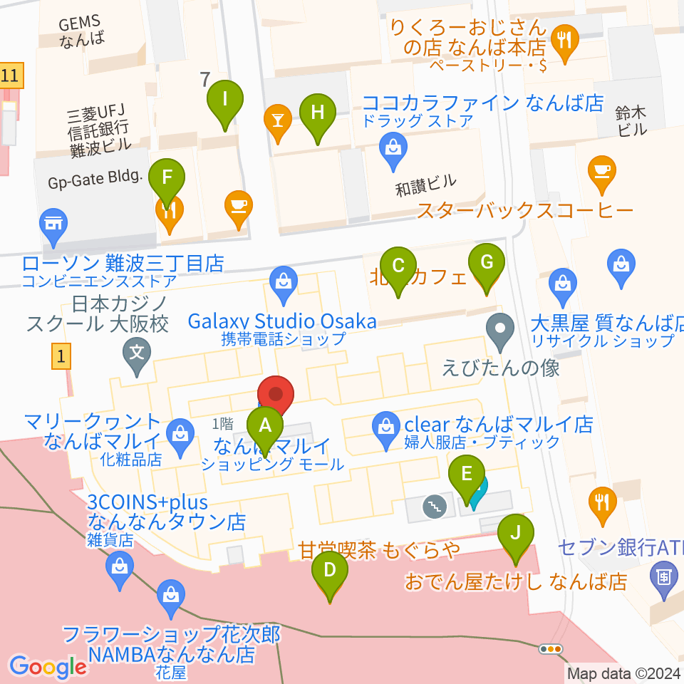 TOHOシネマズなんば本館周辺のファミレス・ファーストフード一覧地図