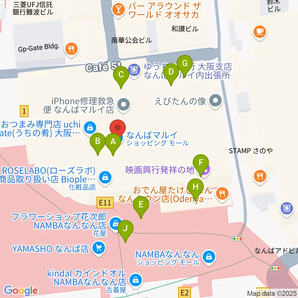 TOHOシネマズなんば本館周辺のファミレス・ファーストフード一覧地図