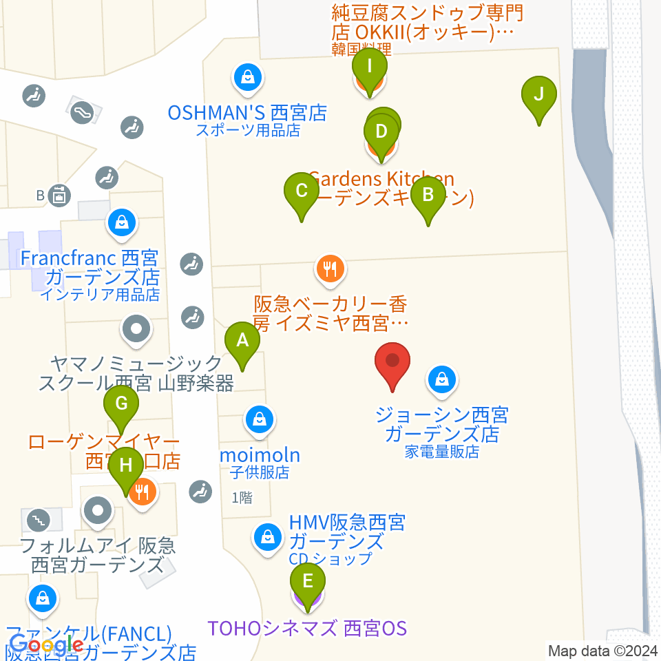 TOHOシネマズ西宮OS周辺のファミレス・ファーストフード一覧地図