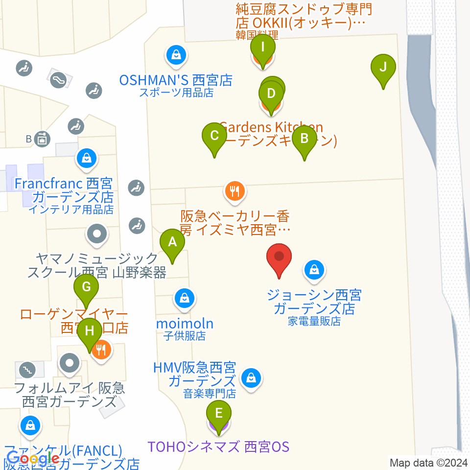 TOHOシネマズ西宮OS周辺のファミレス・ファーストフード一覧地図