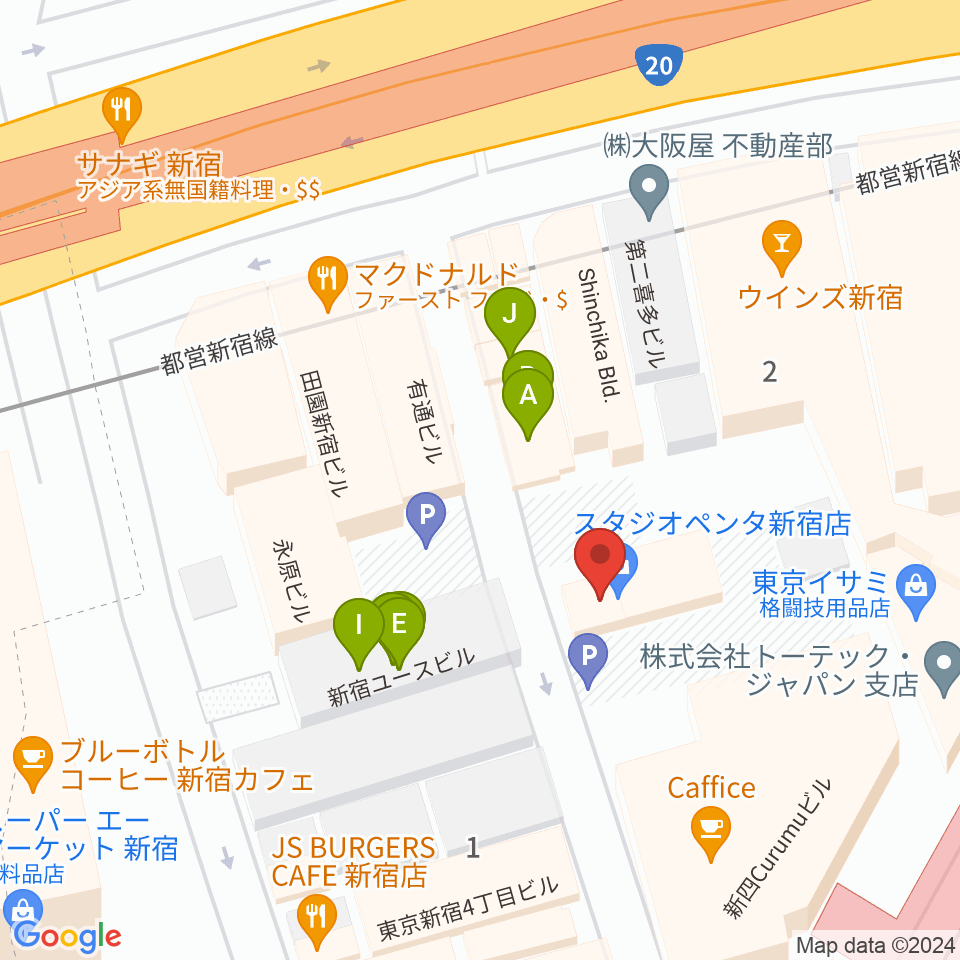 スタジオペンタ新宿店周辺のファミレス・ファーストフード一覧地図