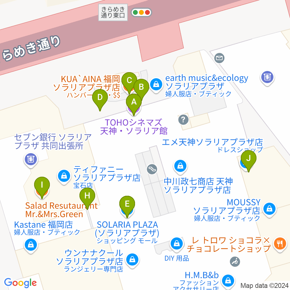 TOHOシネマズ天神・ソラリア館周辺のファミレス・ファーストフード一覧地図