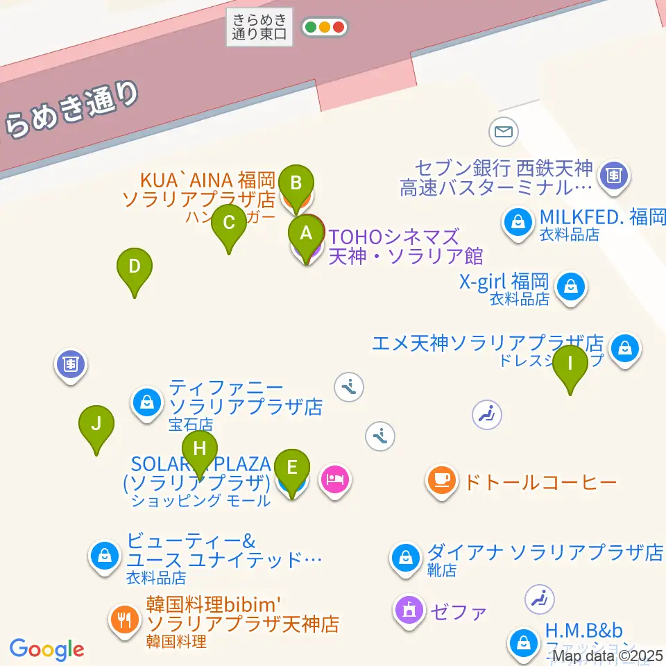 TOHOシネマズ天神・ソラリア館周辺のファミレス・ファーストフード一覧地図