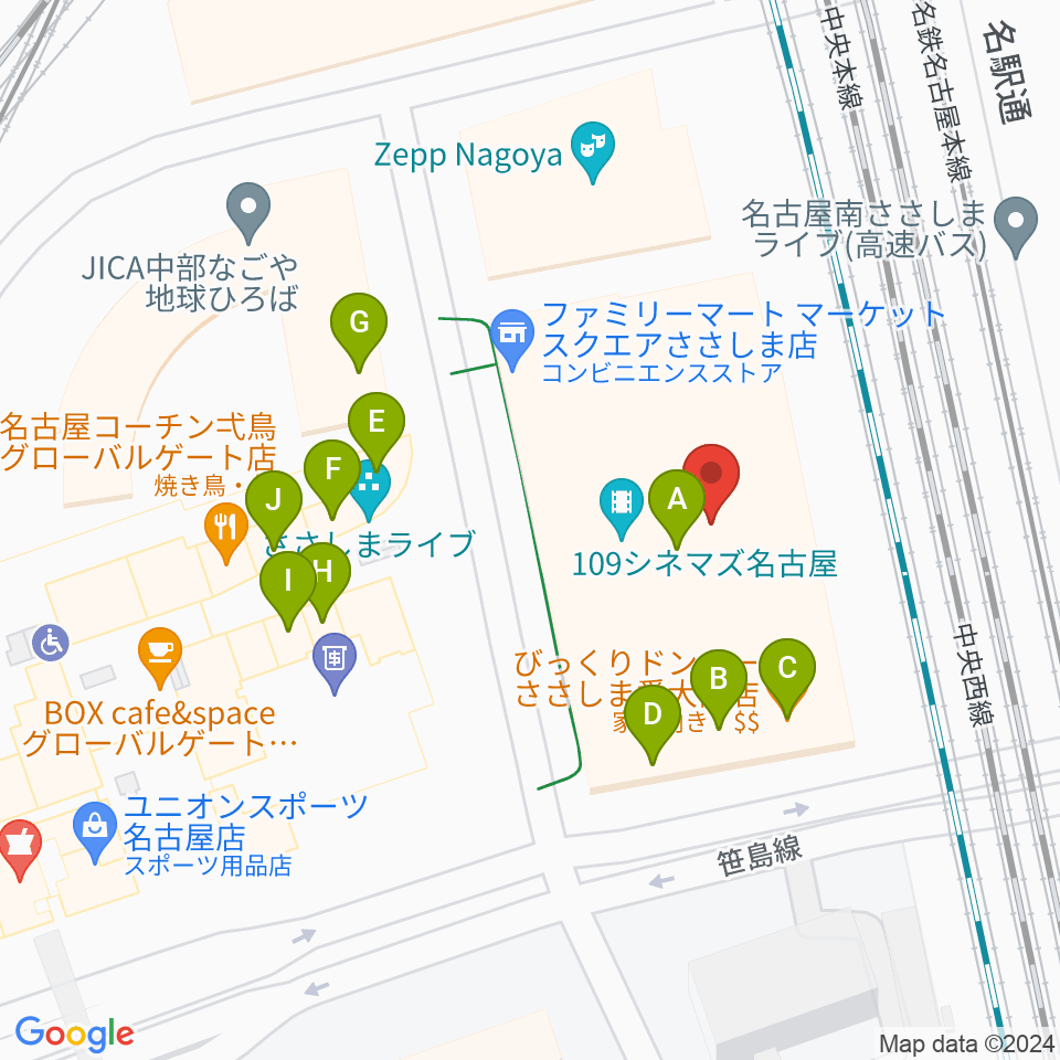 109シネマズ名古屋周辺のファミレス・ファーストフード一覧地図