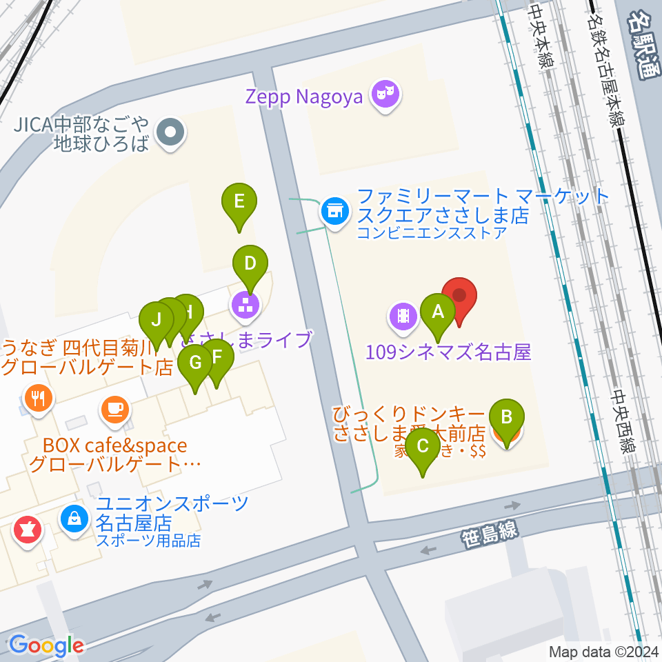 109シネマズ名古屋周辺のファミレス・ファーストフード一覧地図