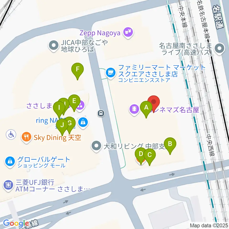 109シネマズ名古屋周辺のファミレス・ファーストフード一覧地図