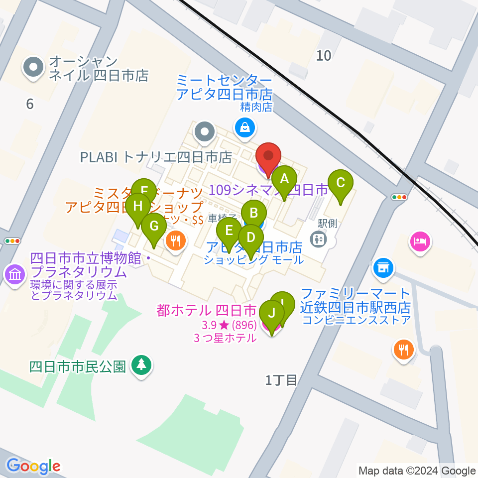 109シネマズ四日市周辺のファミレス・ファーストフード一覧地図