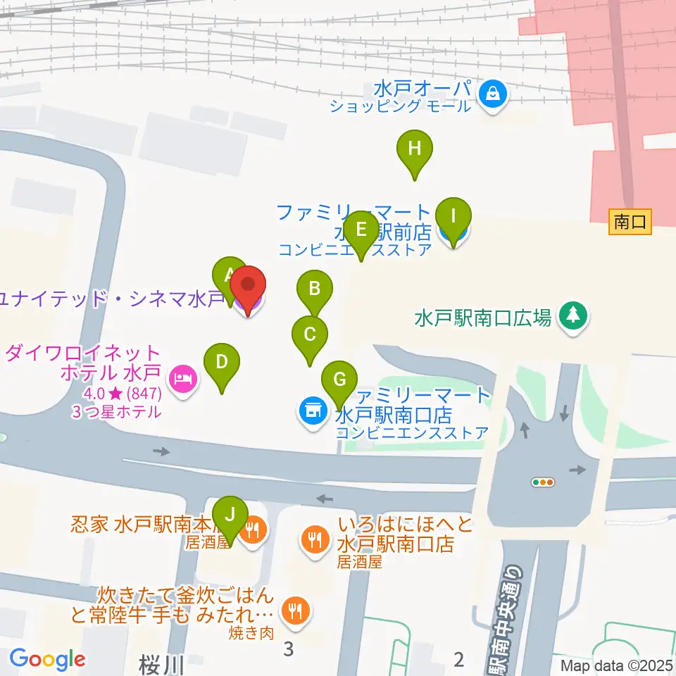 ユナイテッド・シネマ水戸周辺のファミレス・ファーストフード一覧地図