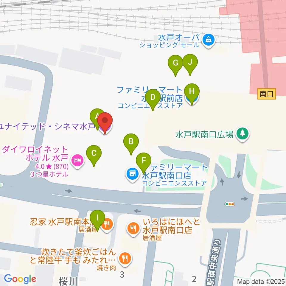 ユナイテッド・シネマ水戸周辺のファミレス・ファーストフード一覧地図