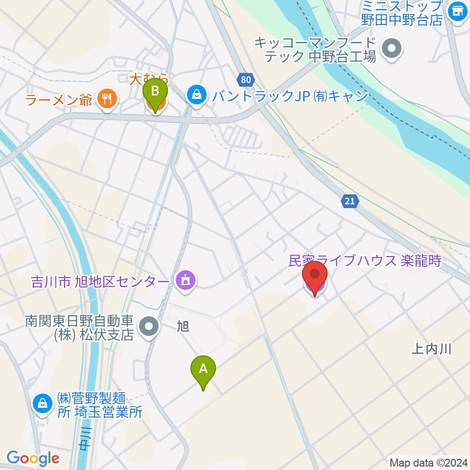 民家ライブハウス楽龍時周辺のファミレス・ファーストフード一覧地図