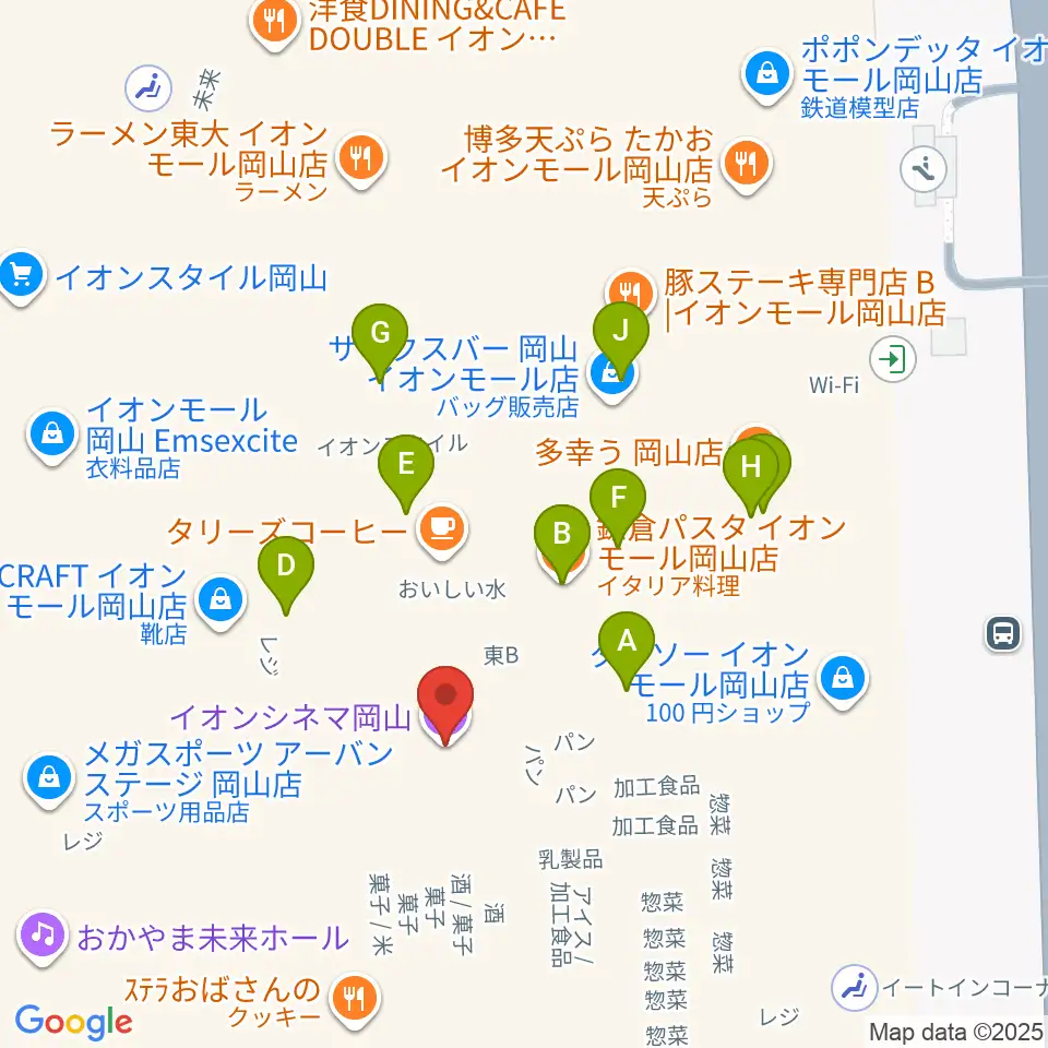 イオンシネマ岡山周辺のファミレス・ファーストフード一覧地図