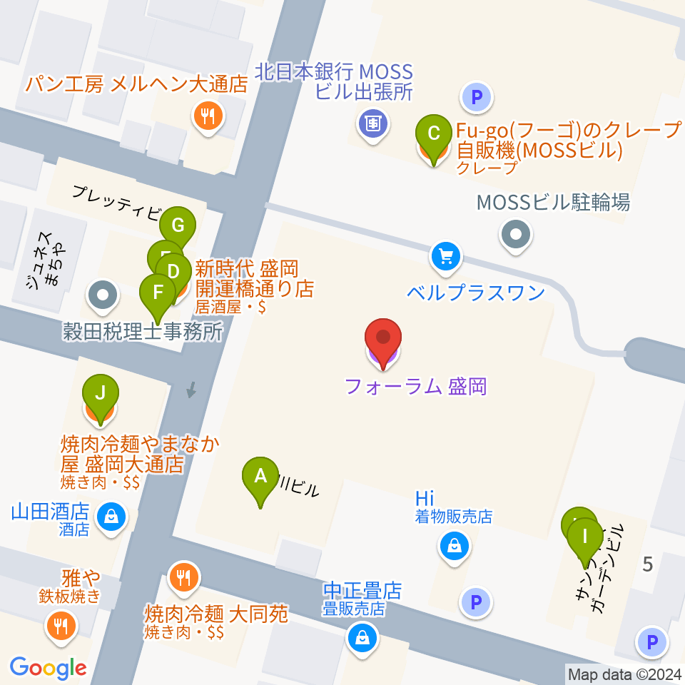 フォーラム盛岡周辺のファミレス・ファーストフード一覧地図