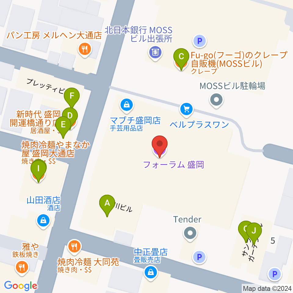 フォーラム盛岡周辺のファミレス・ファーストフード一覧地図