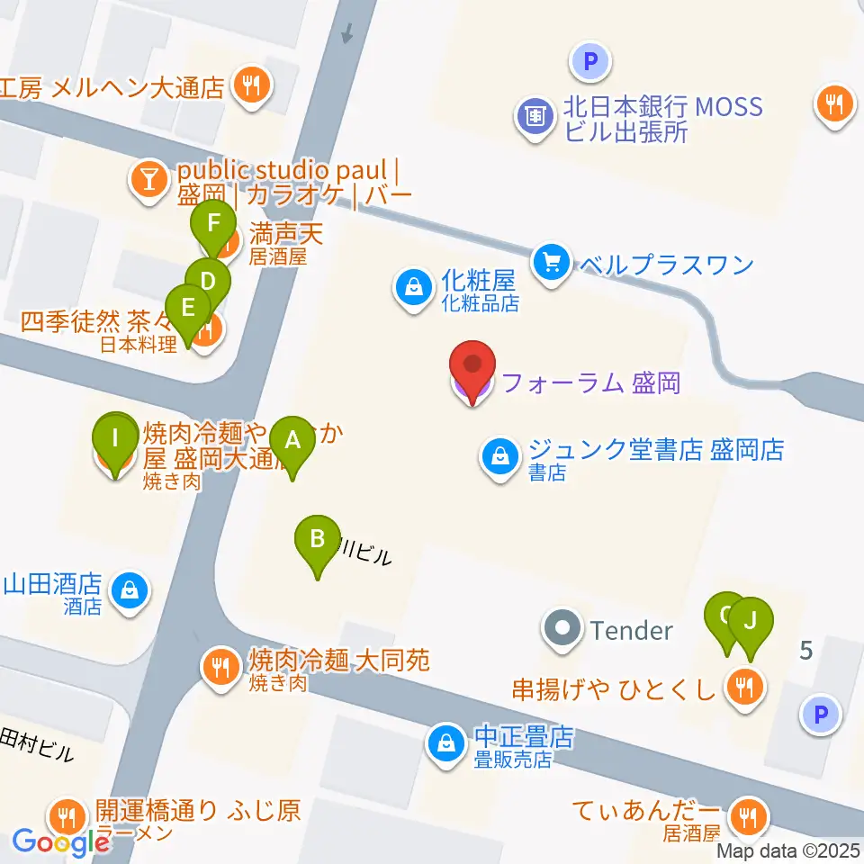 フォーラム盛岡周辺のファミレス・ファーストフード一覧地図