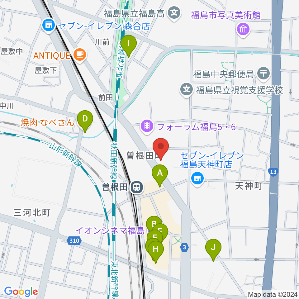 フォーラム福島周辺のファミレス・ファーストフード一覧地図