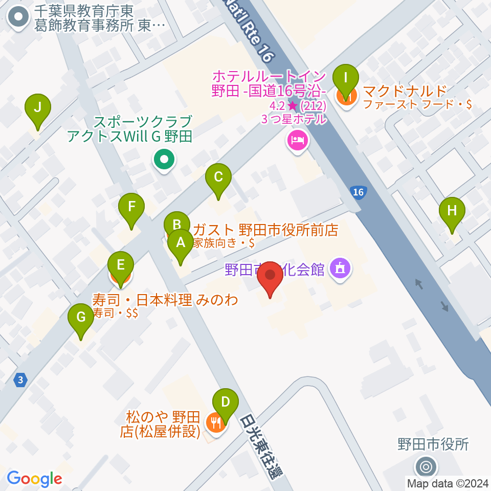 野田ガスホール周辺のファミレス・ファーストフード一覧地図