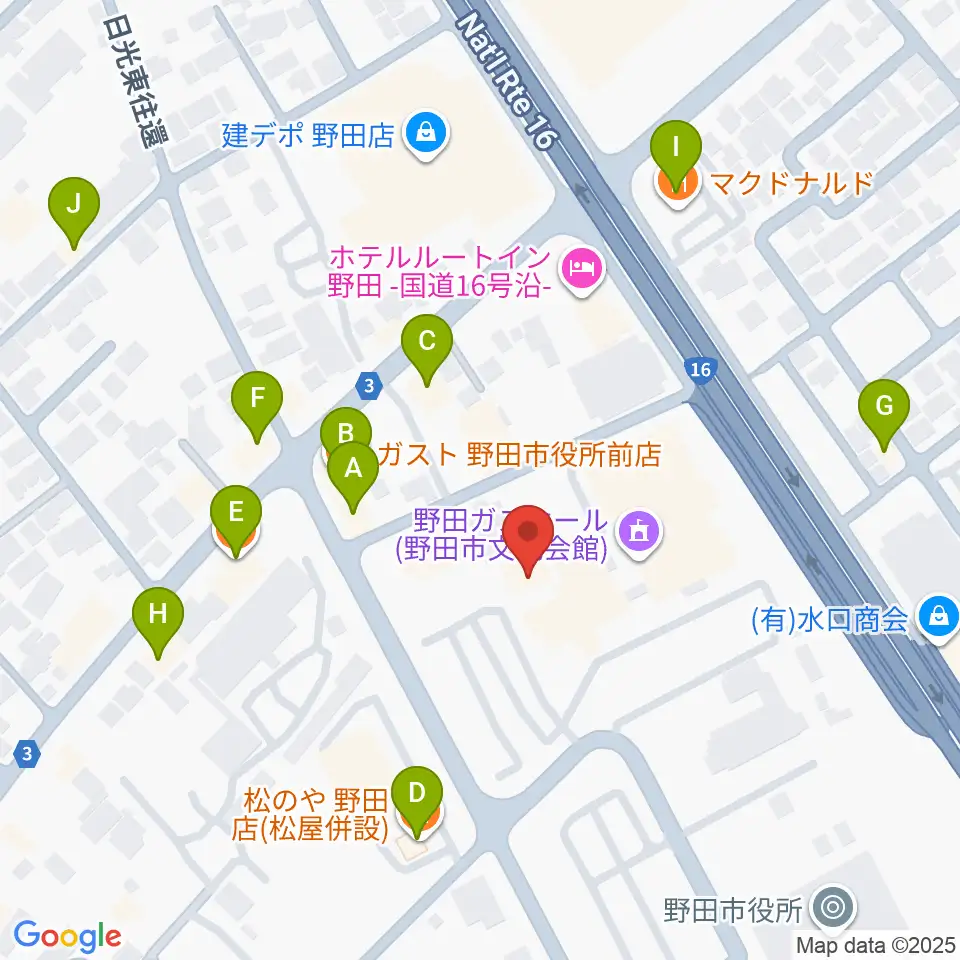 野田ガスホール周辺のファミレス・ファーストフード一覧地図
