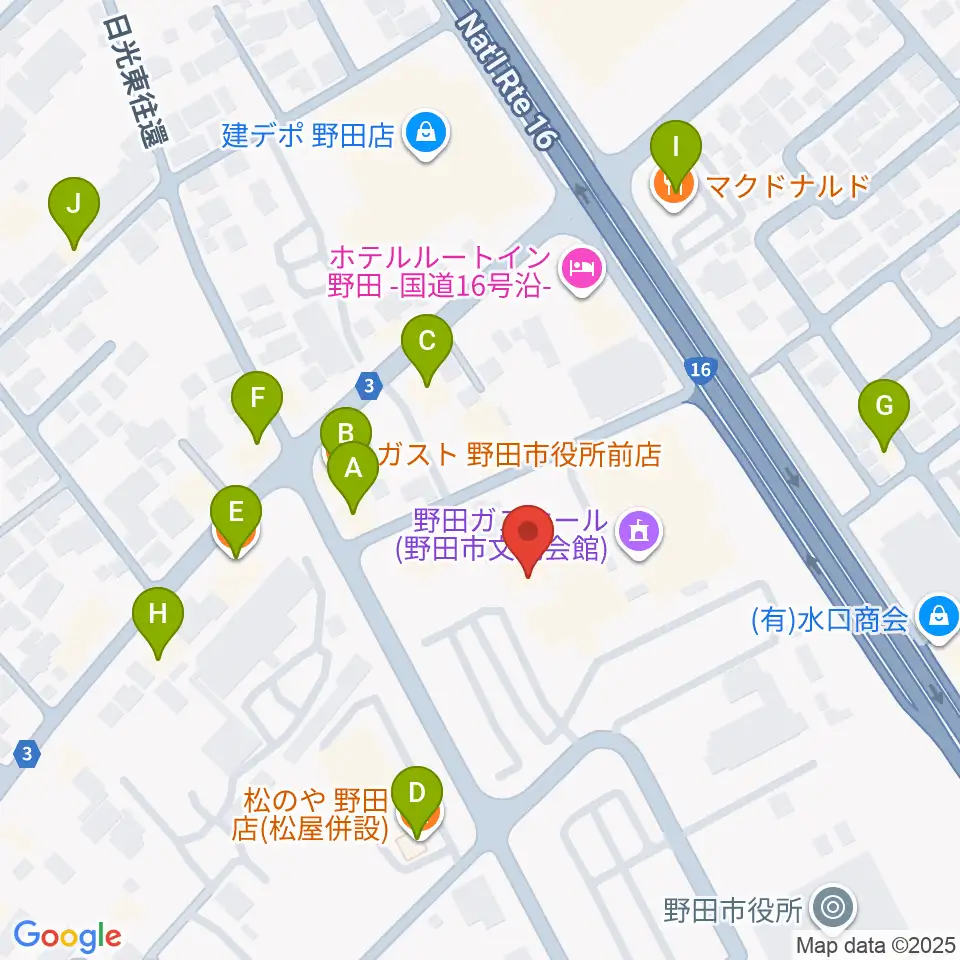 野田ガスホール周辺のファミレス・ファーストフード一覧地図