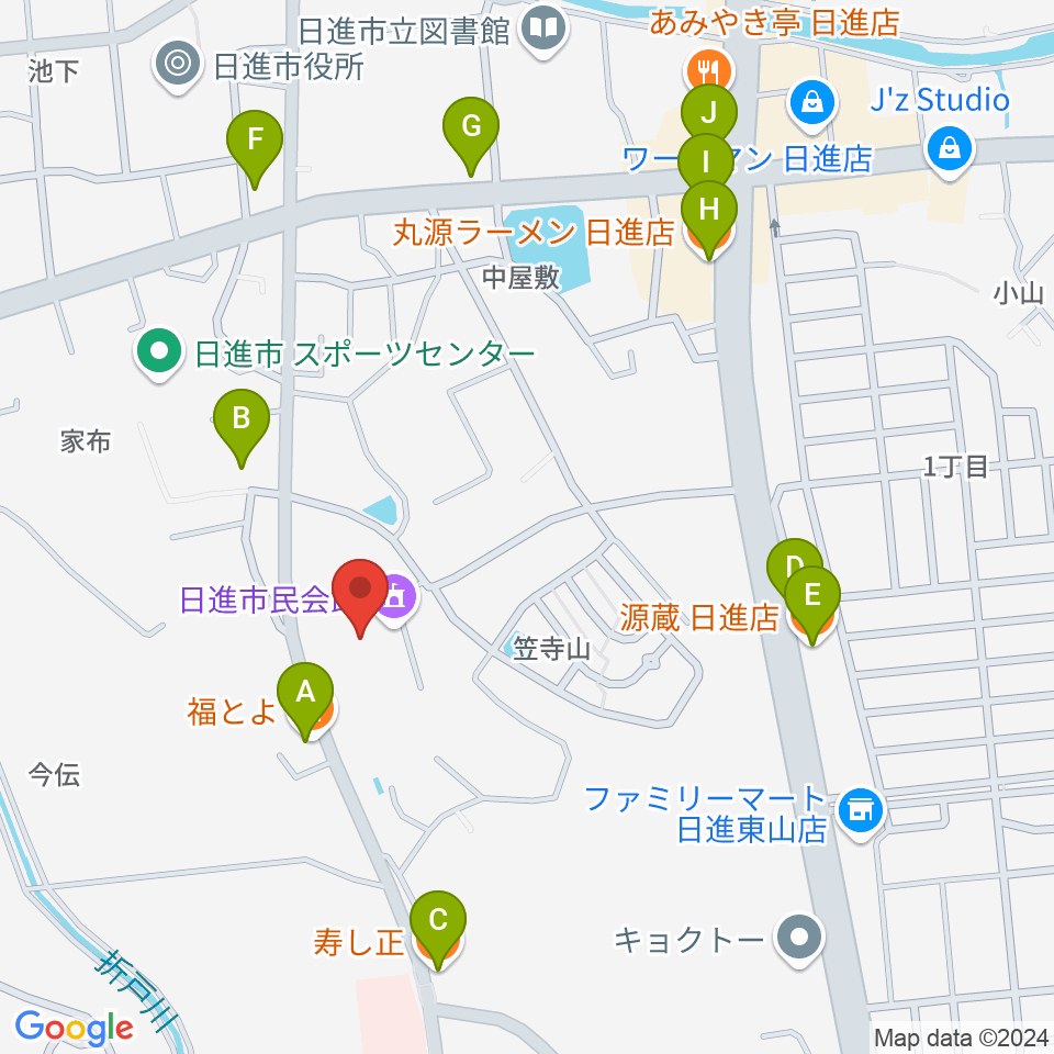 日進市民会館周辺のファミレス・ファーストフード一覧地図