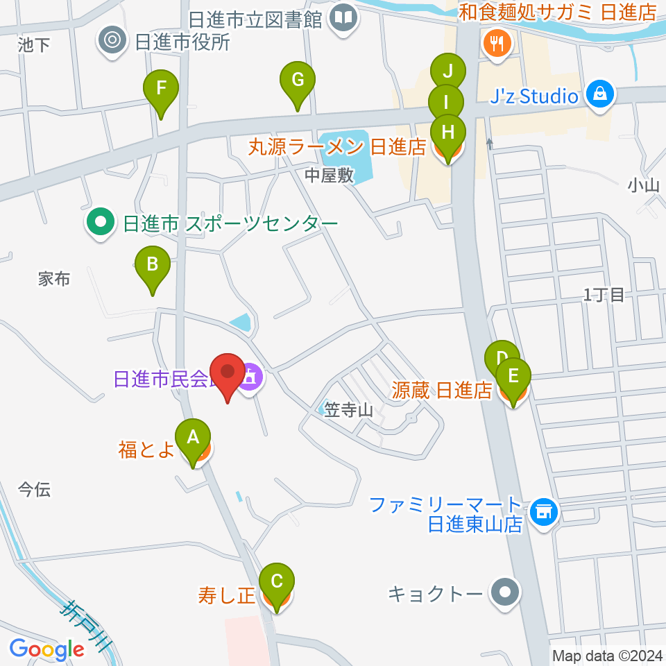 日進市民会館周辺のファミレス・ファーストフード一覧地図