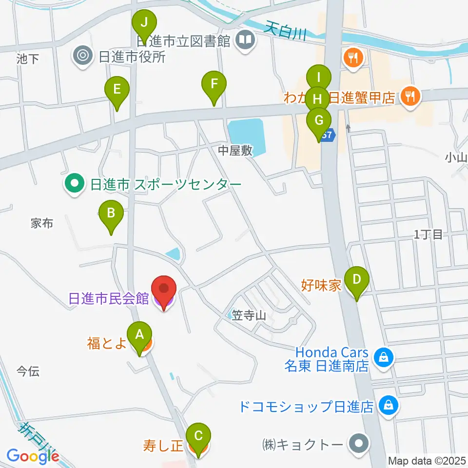 日進市民会館周辺のファミレス・ファーストフード一覧地図