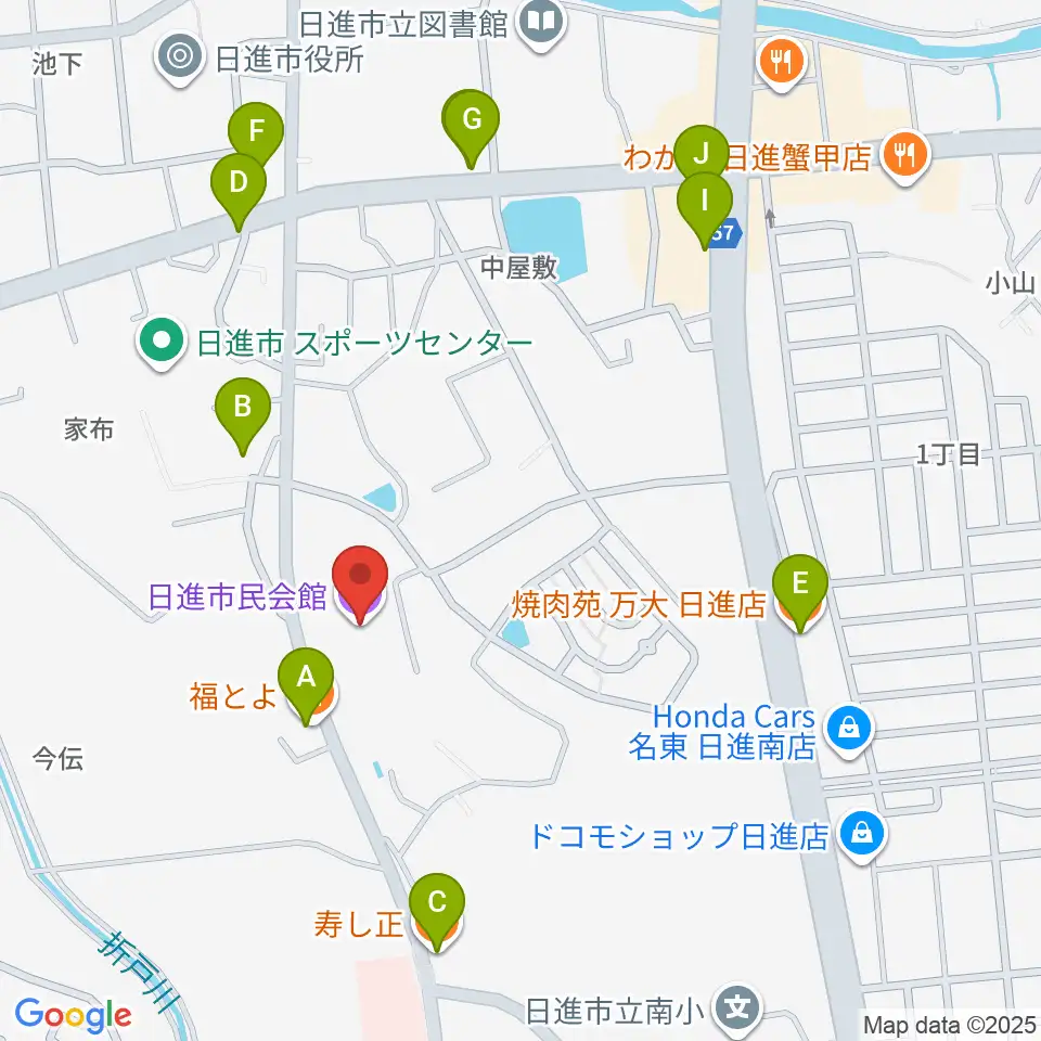 日進市民会館周辺のファミレス・ファーストフード一覧地図