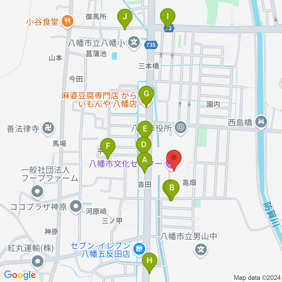 八幡市文化センター周辺のファミレス・ファーストフード一覧地図