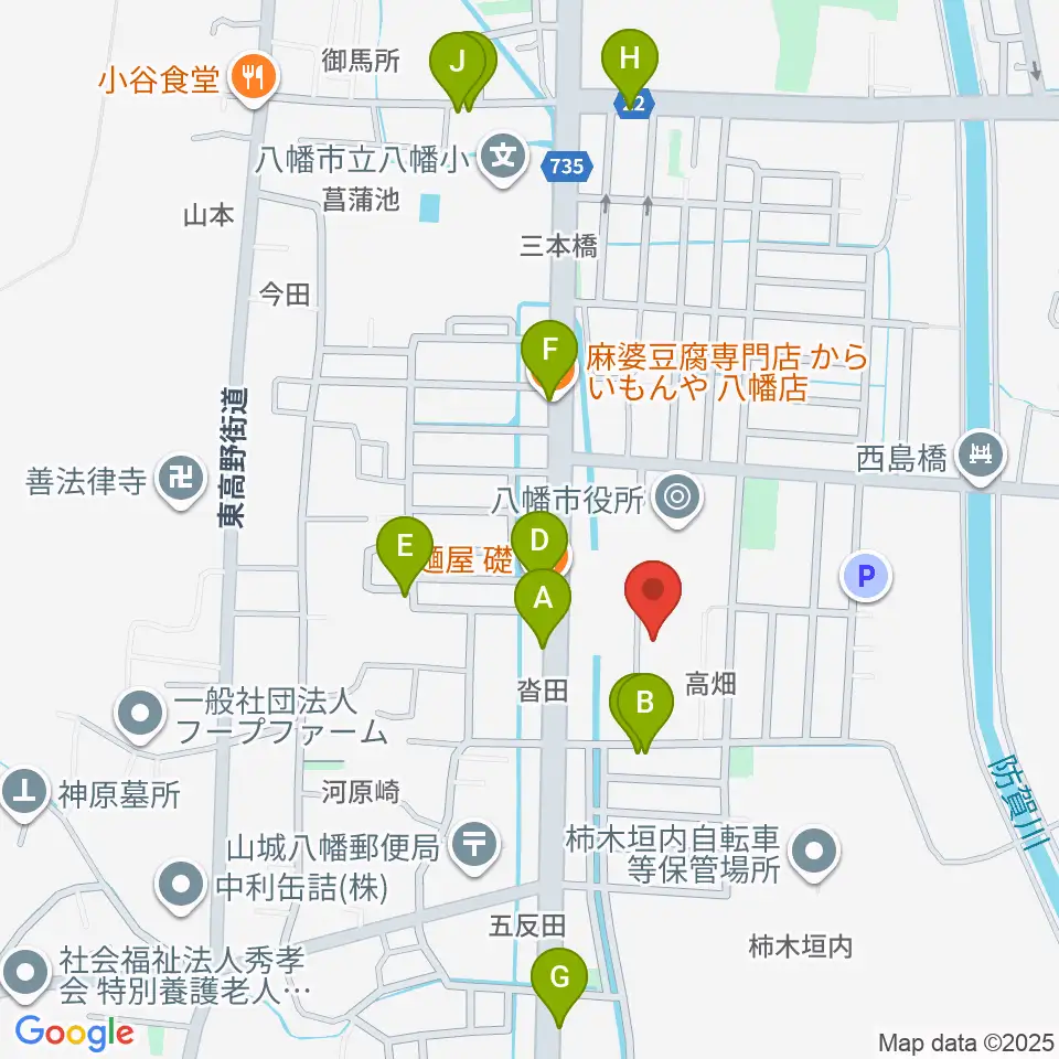 八幡市文化センター周辺のファミレス・ファーストフード一覧地図