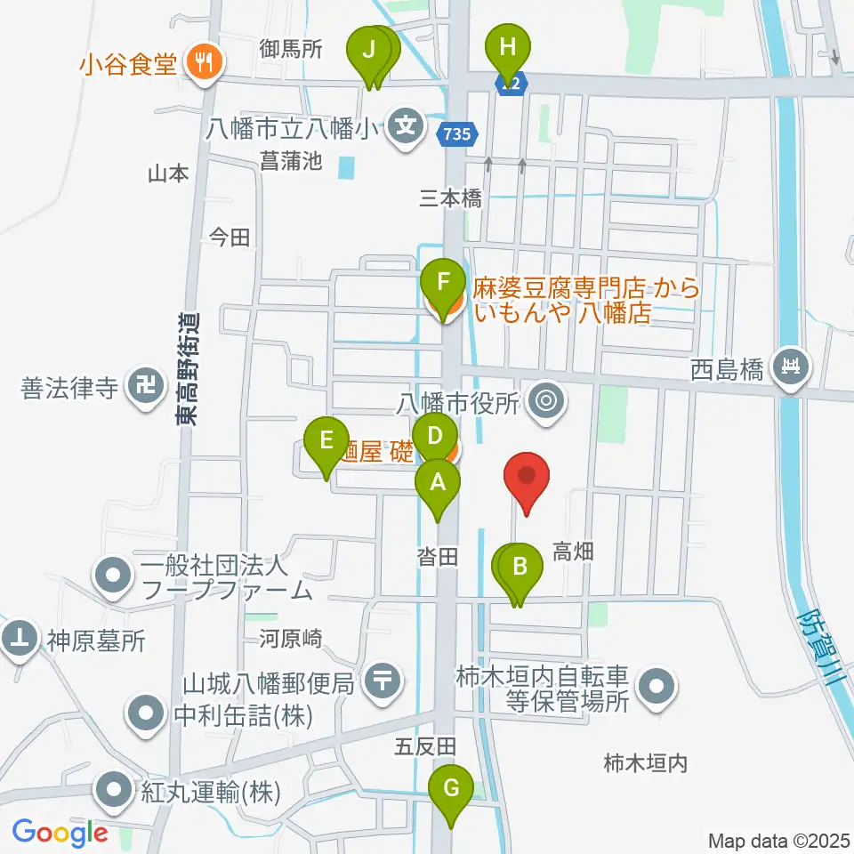 八幡市文化センター周辺のファミレス・ファーストフード一覧地図