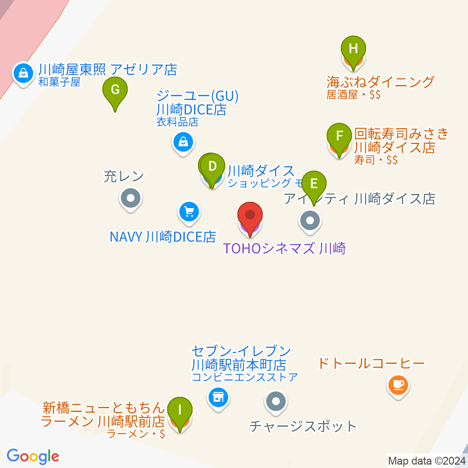 TOHOシネマズ川崎周辺のファミレス・ファーストフード一覧地図