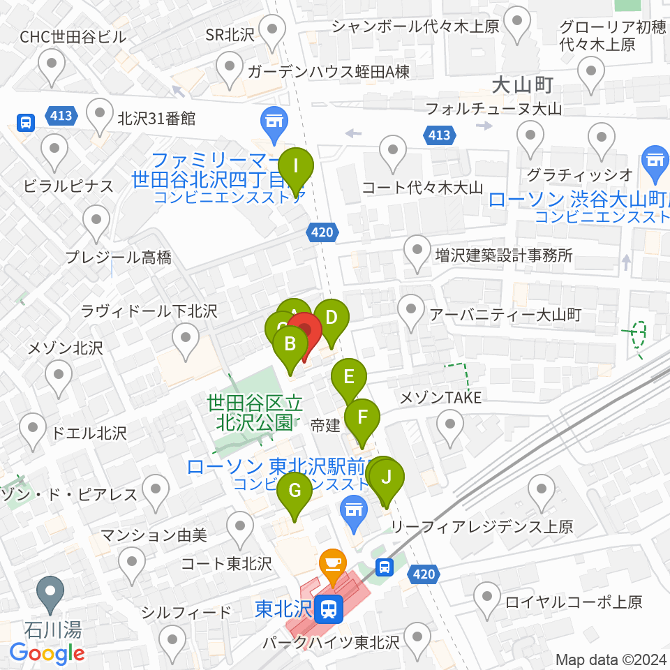 北沢三丁目スタジオ周辺のファミレス・ファーストフード一覧地図