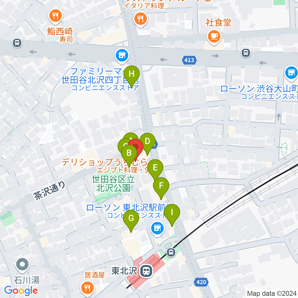 北沢三丁目スタジオ周辺のファミレス・ファーストフード一覧地図