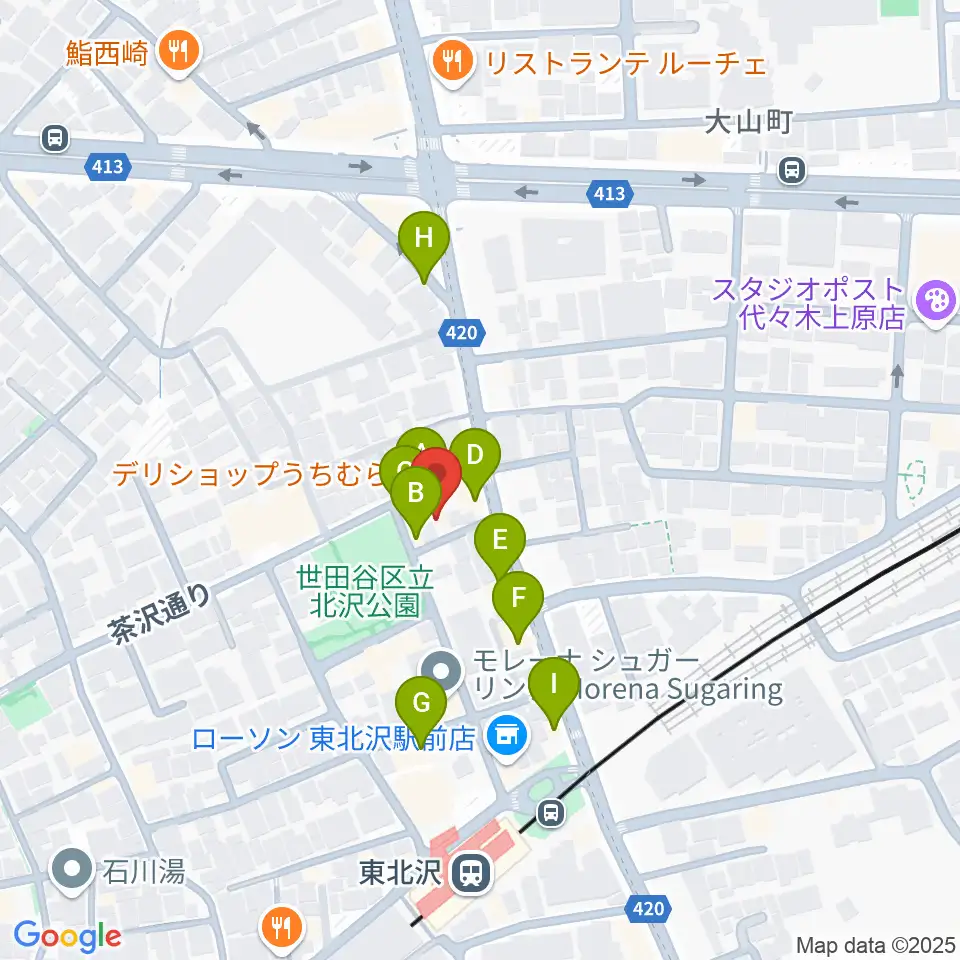 北沢三丁目スタジオ周辺のファミレス・ファーストフード一覧地図