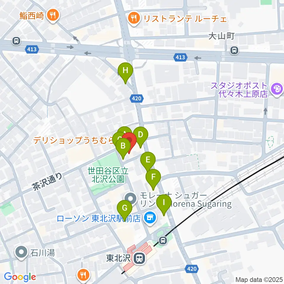 北沢三丁目スタジオ周辺のファミレス・ファーストフード一覧地図