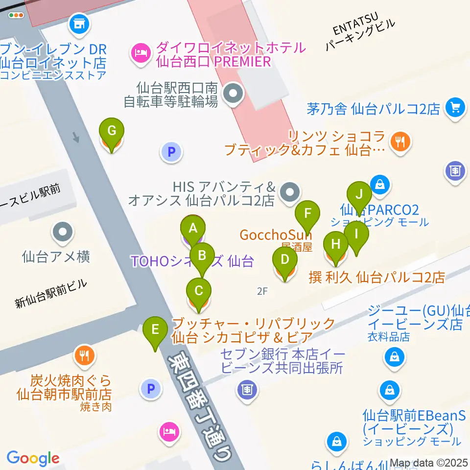 TOHOシネマズ仙台周辺のファミレス・ファーストフード一覧地図