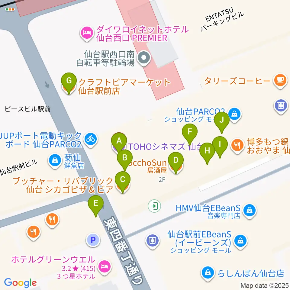 TOHOシネマズ仙台周辺のファミレス・ファーストフード一覧地図