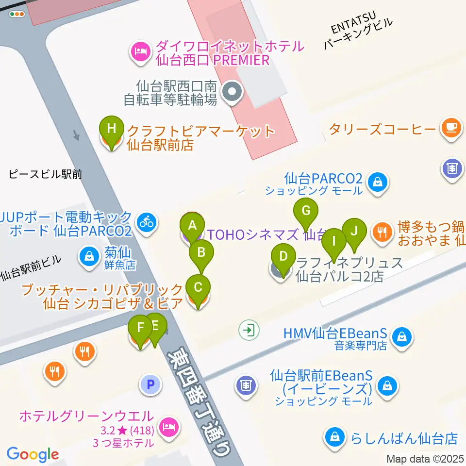 TOHOシネマズ仙台周辺のファミレス・ファーストフード一覧地図