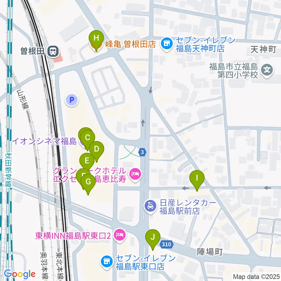 イオンシネマ福島周辺のファミレス・ファーストフード一覧地図