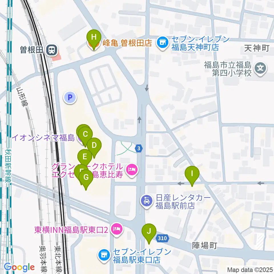 イオンシネマ福島周辺のファミレス・ファーストフード一覧地図