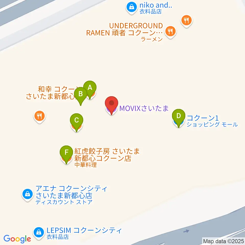 MOVIXさいたま周辺のファミレス・ファーストフード一覧地図