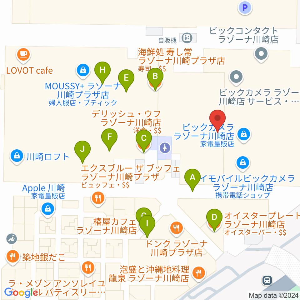 109シネマズ川崎周辺のファミレス・ファーストフード一覧地図