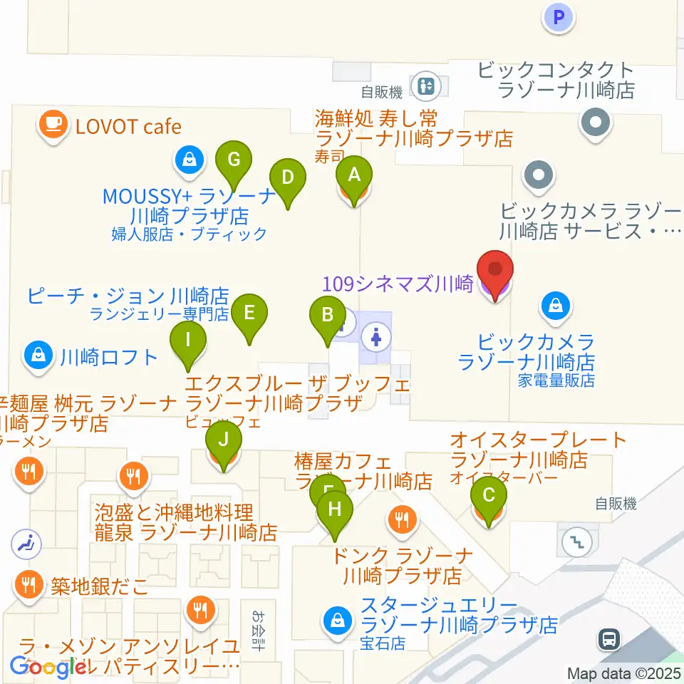 109シネマズ川崎周辺のファミレス・ファーストフード一覧地図