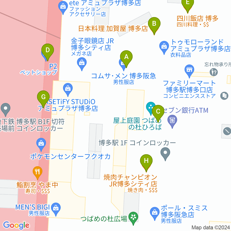 T・ジョイ博多周辺のファミレス・ファーストフード一覧地図