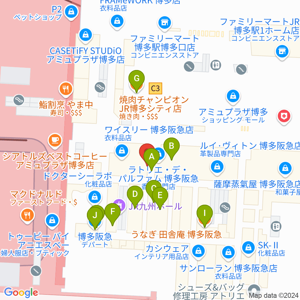 T・ジョイ博多周辺のファミレス・ファーストフード一覧地図