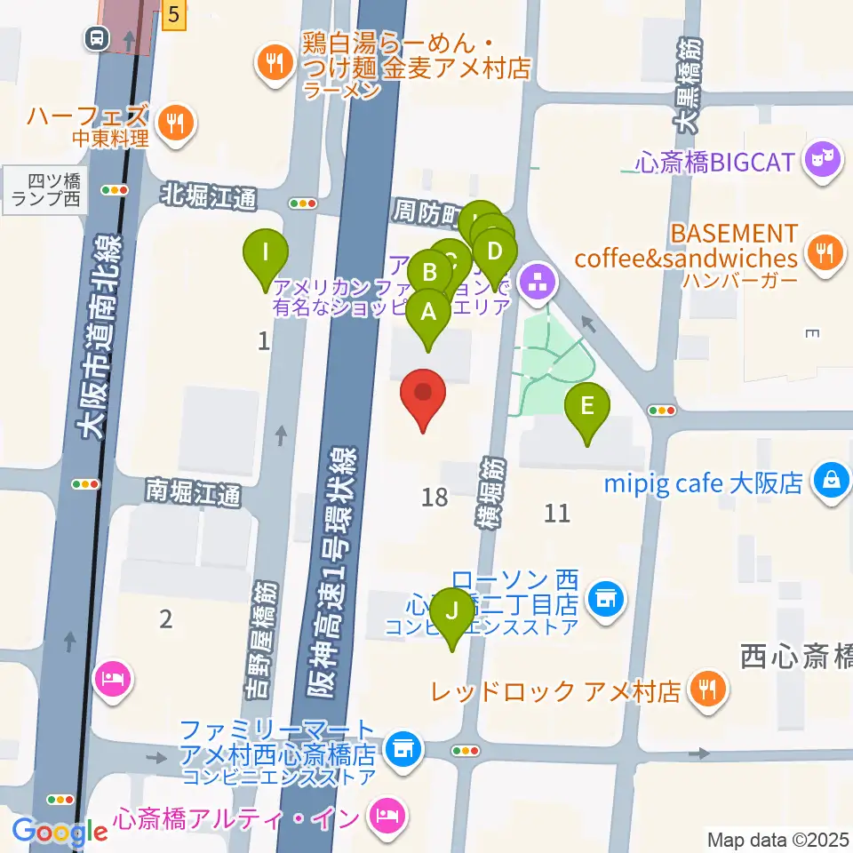 アメリカ村BEYOND周辺のファミレス・ファーストフード一覧地図
